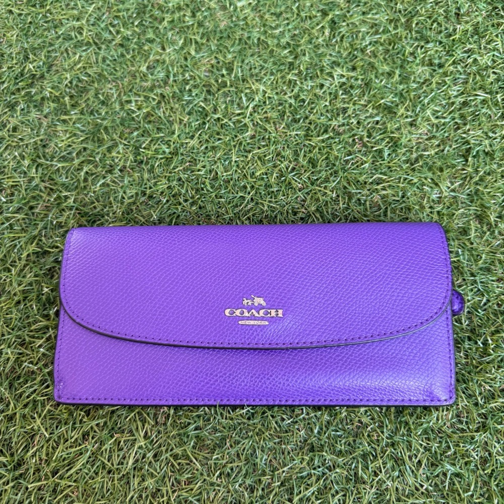 Coach Purple Textured Leather Slim Envelope Wallet Gold Logo Broken Zipper